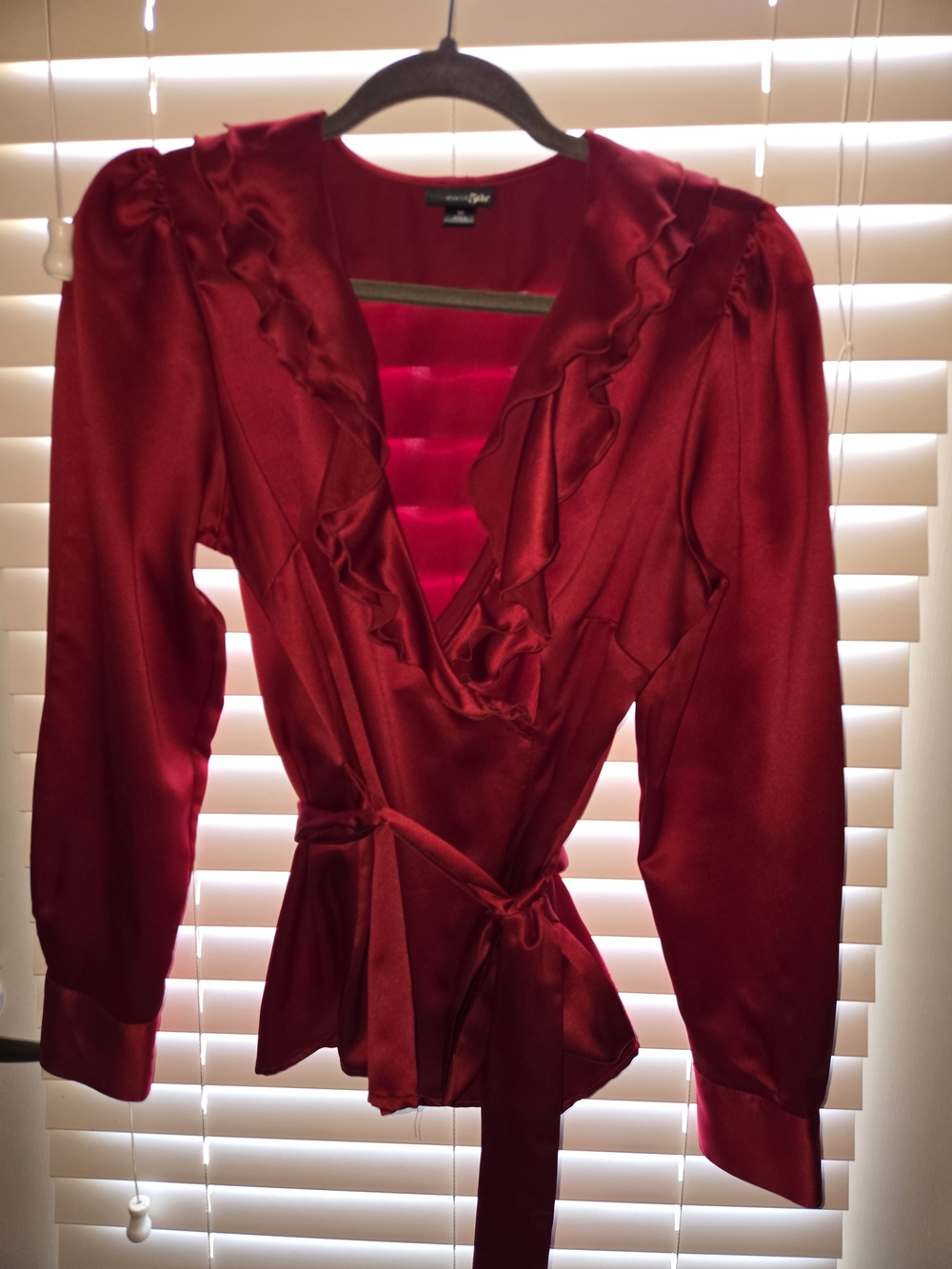East 5th Red Satin Ruffle Wrap Blouse With Cuffed Sleeves